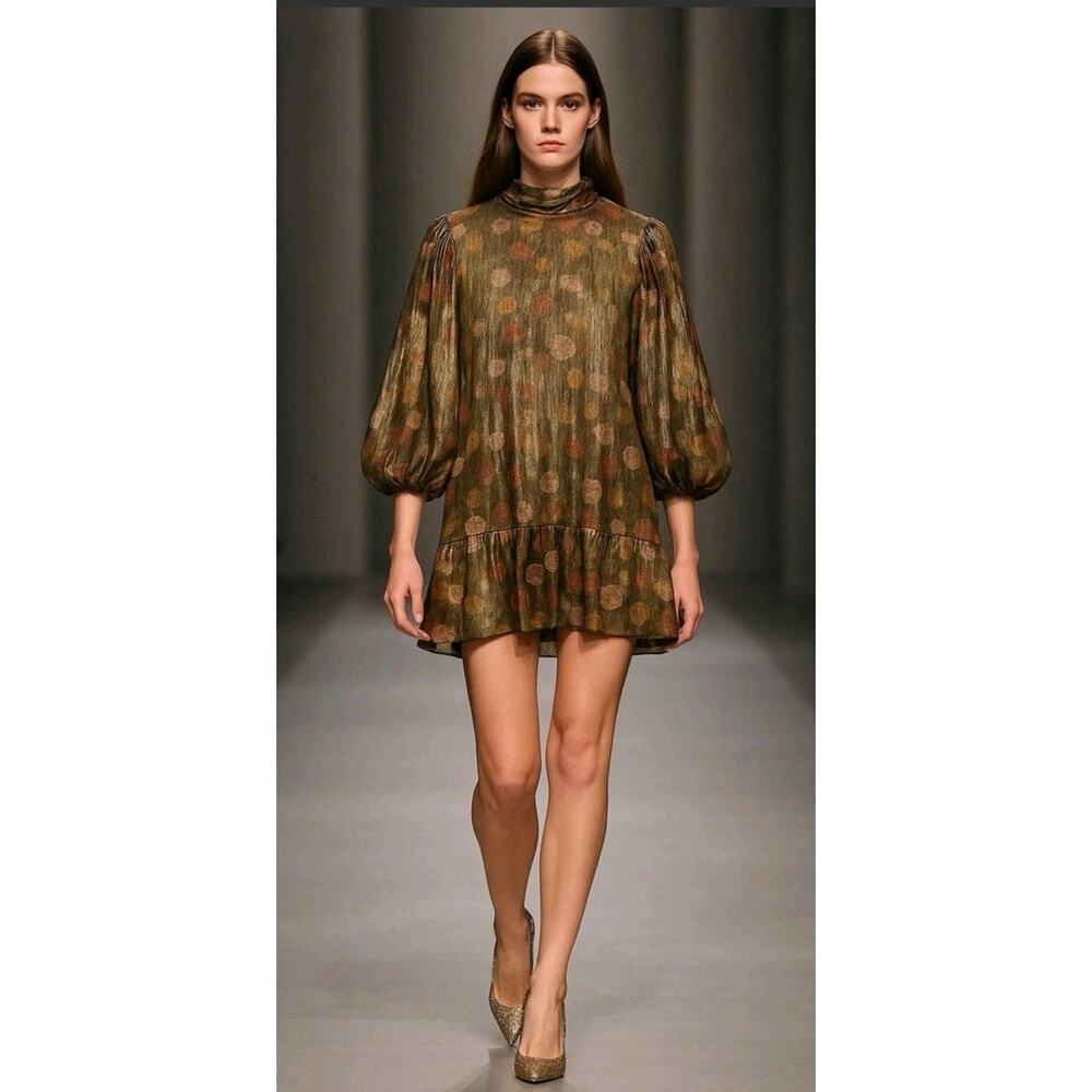 Zara Festive Women Floral Gold Metallic Mini Mock Neck Shift Dress Size XS NEW
